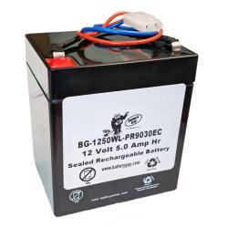 12v 5Ah Rechargeable Sealed Lead Acid (Rechargeable SLA) Battery with wire leads and PR9030EC Connector | BG-1250F1