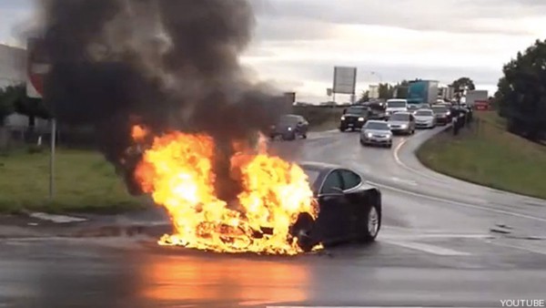 Tesla Model S car on fire