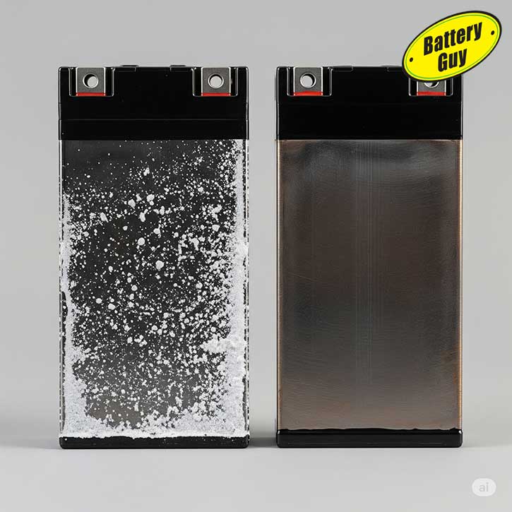 The battery plate on the left is sulfated. These crystals stop the electrons moving so the battery cannot produce electricity