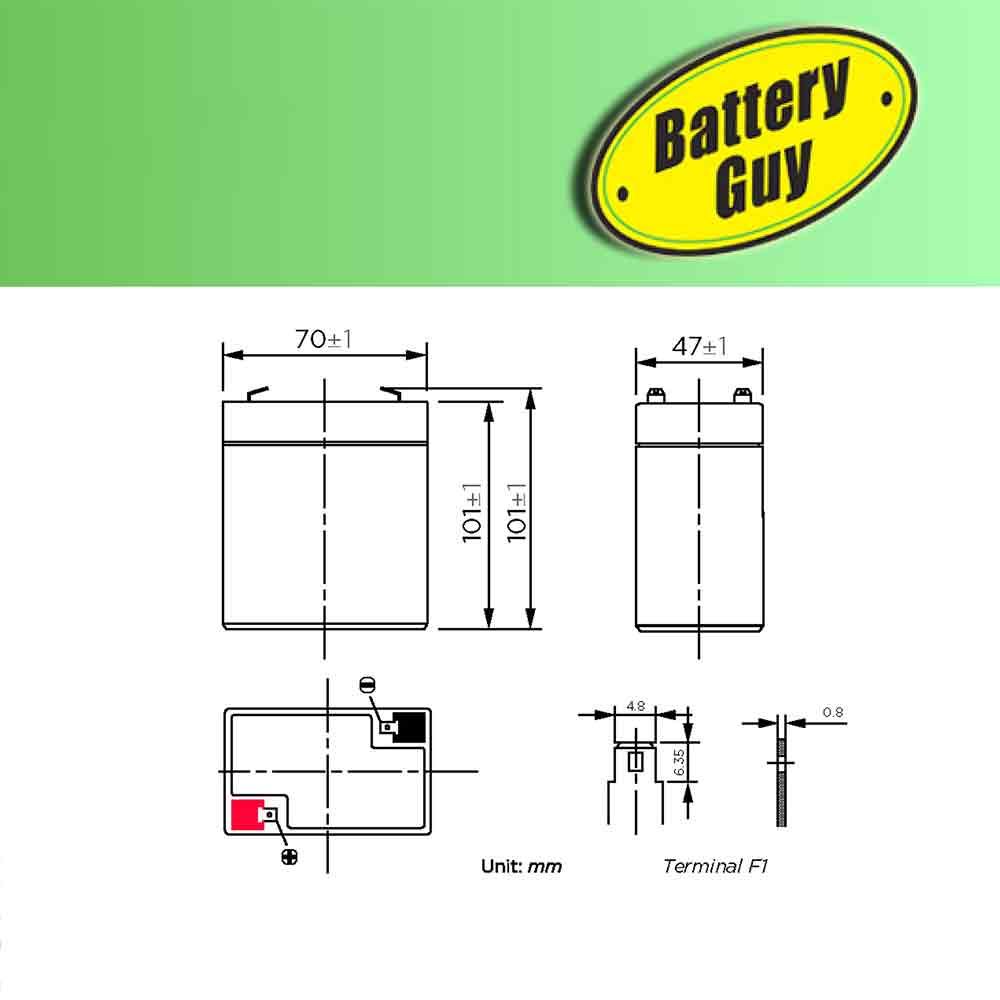 Dimensions  - BatteryGuy BG-640 6V 4AH Replacement for Universal Battery UB6-4.5 (2 Pack, rechargeable)