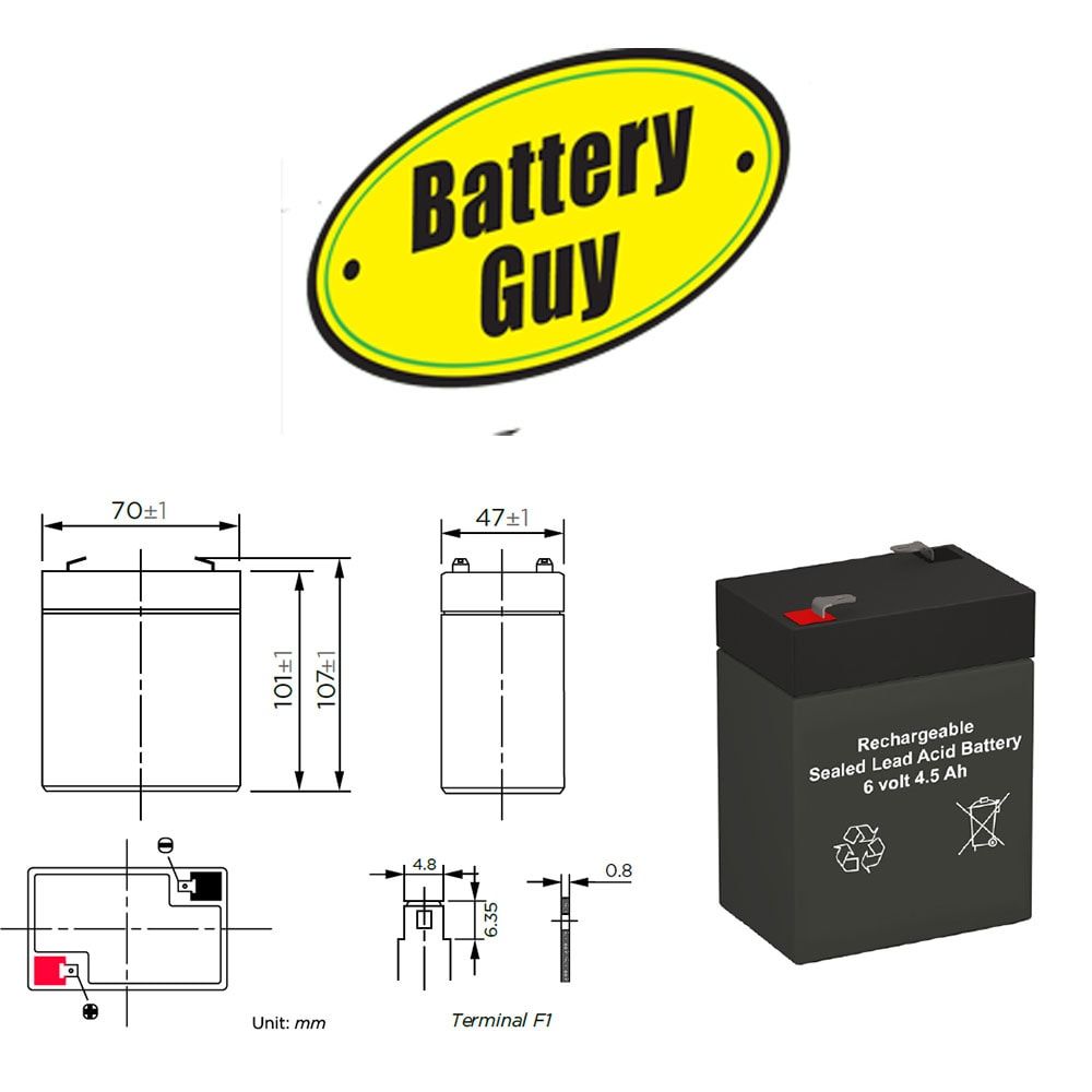 Dimensions  - BatteryGuy 6V 4.5AH Replacement for Grainger 5EFF2 (10 Pack, rechargeable)