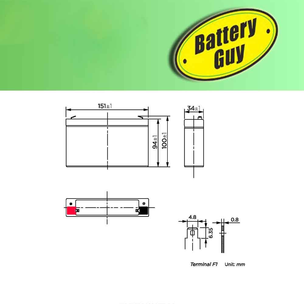 Dimensions  - Dual-Lite CVT3GW5D replacement battery (rechargeable)