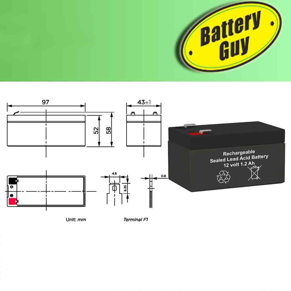 Dimensions  - BatteryGuy BG-1212F1 12V 1.2AH Replacement for Fukuda ES1.2-12 (3 Pack, rechargeable)
