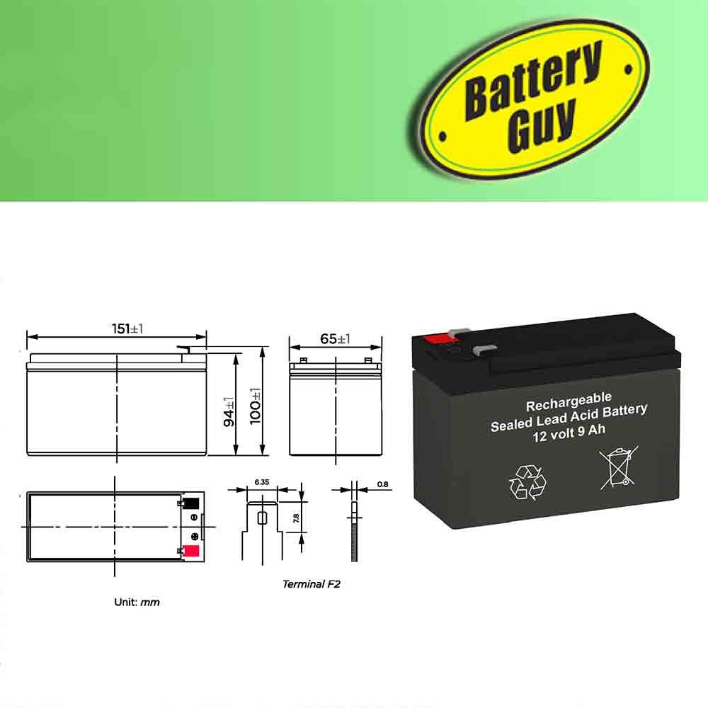 Dimensions  - BatteryGuy BG-1290F2 12V 9AH Replacement for Kung Long WP1236W (2 Pack, rechargeable)