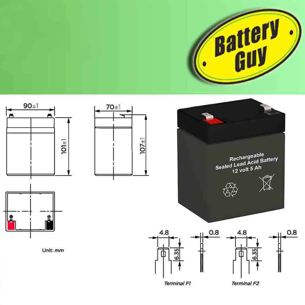 Dimensions  - BatteryGuy BG-1250F1 12V 5AH Replacement for Amstron AP-1250 F1 (2 Pack, rechargeable)