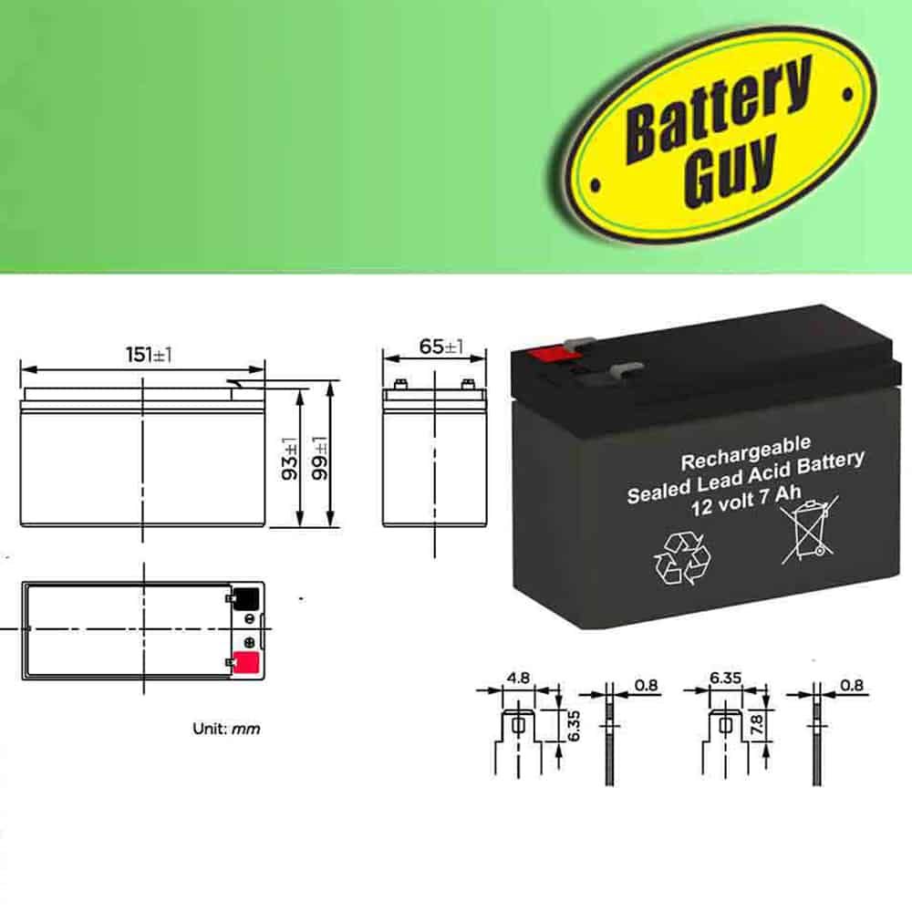 Dimensions  - BatteryGuy BG-1270F1 12V 7AH Replacement for Hubbell PE612 (6 Pack, rechargeable)