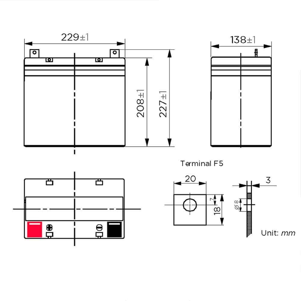 Dimensions - 12v 55Ah Rechargeable Sealed Lead Acid (Rechargeable SLA) Battery
