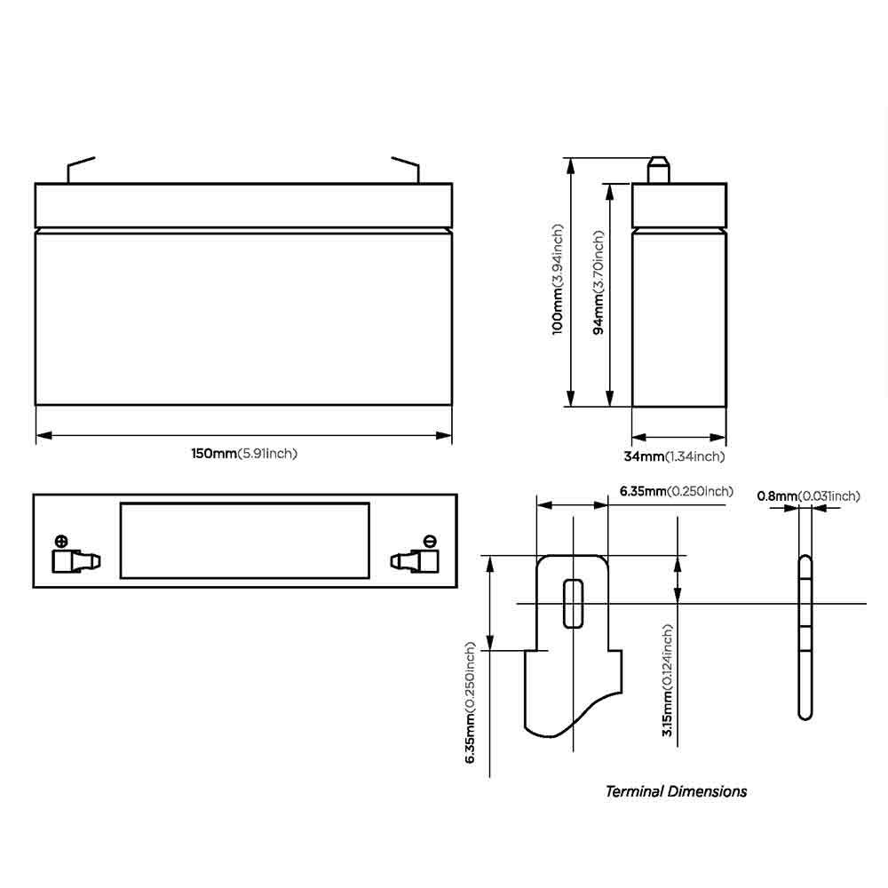 Dimensions  - Minuteman B00028 replacement battery (rechargeable)