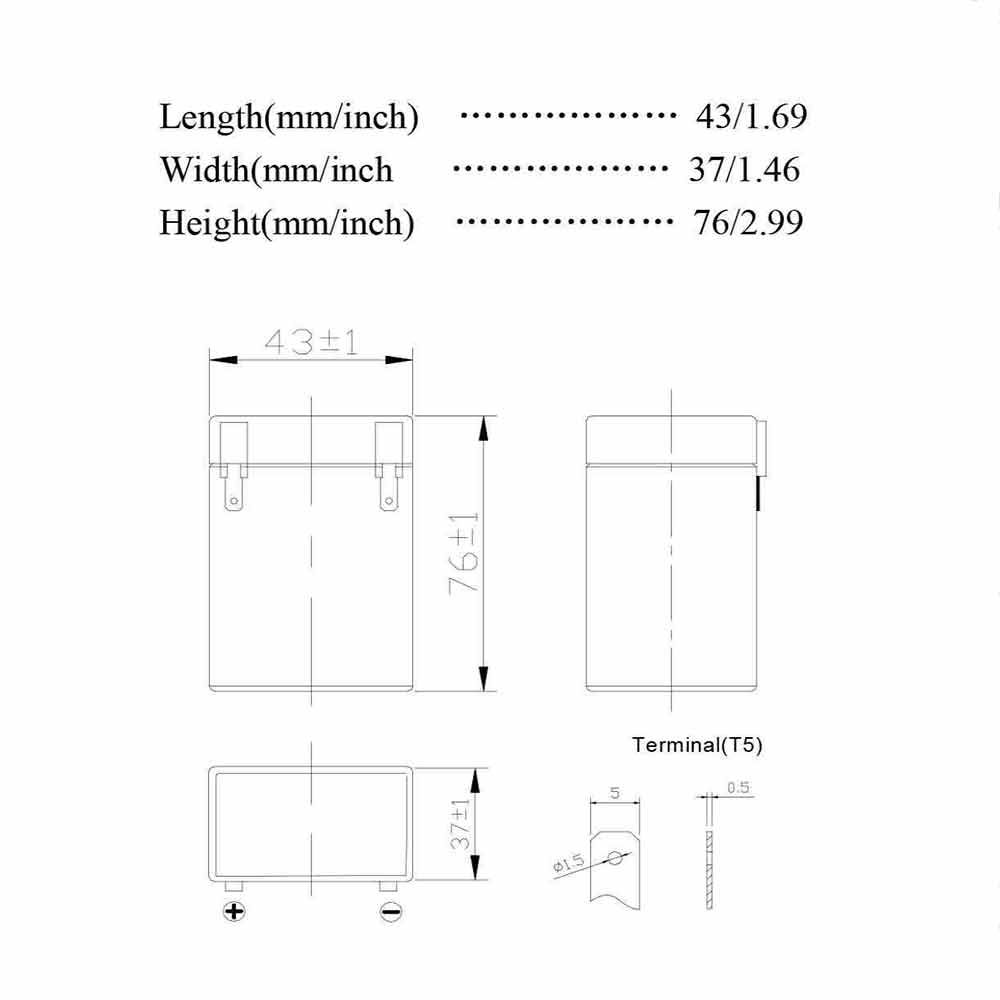 Rechargeable SLA Battery 6v 2.0Ah - Dimensions